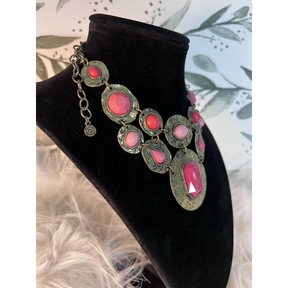 Ruby Rd. Vintage Pink Red Cabochon Bib Statement Necklace Boho-Chic Hammered - Picture 10 of 16